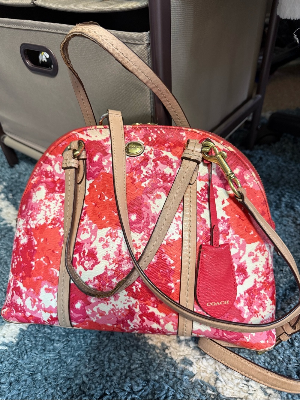Coach Floral Dome Satchel in Pink and Red with Tan Trim